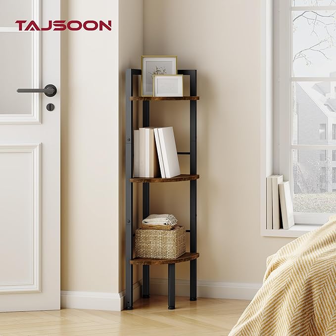 Tajsoon Small Corner Shelf Stand 3 Tier 39.6" Industrial Corner Display Shelf Shelving Unit, Corner Tables for Small Spaces, Bedroom, Living Room, Office, Kitchen, Rustic Brown