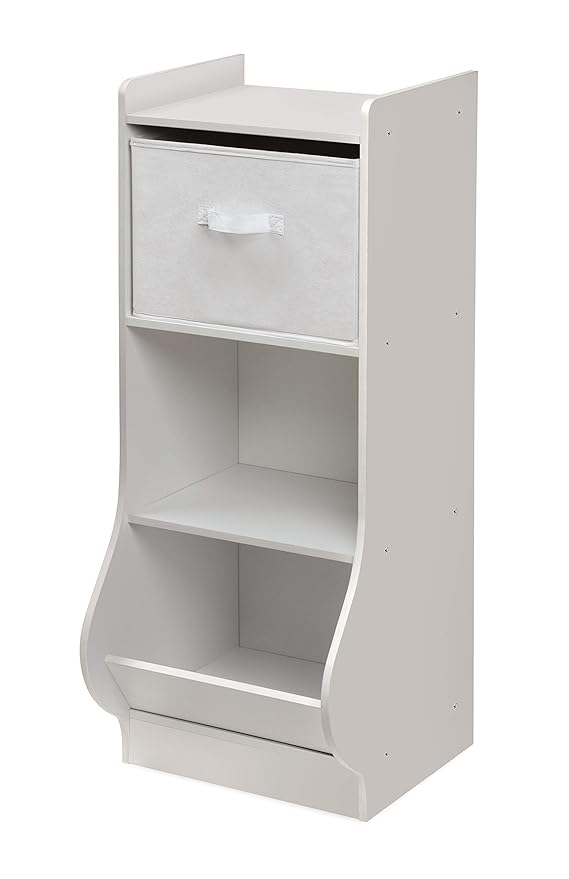 Badger Basket Upright Storage Nook with Reversible Basket - Melamine Surface, 2 Shelves & 1 Angled Bin, Customizable Storage Solution for Kids - White
