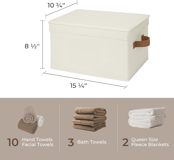 StorageWorks Fabric Storage Bins with Lids, Decorative Storage Bins with PU Handles, Foldable Storage Baskets for Closet, Shelves, Stackable and Sturdy Organization, Ivory, Large, 3-Pack