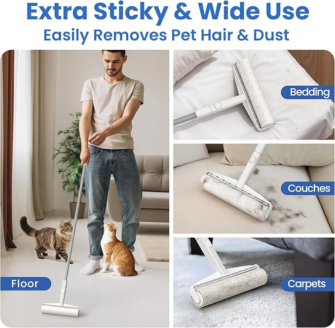 DELOMO 9.45" Large Lint Roller for Floors Carpet Furniture Bed Couches Rug | Big Sticky Roller with 360 Extra Sticky Sheets, 45" Long Handle for No-Bending Cleaning Pet Hair, for Dog Cat Owners Homes