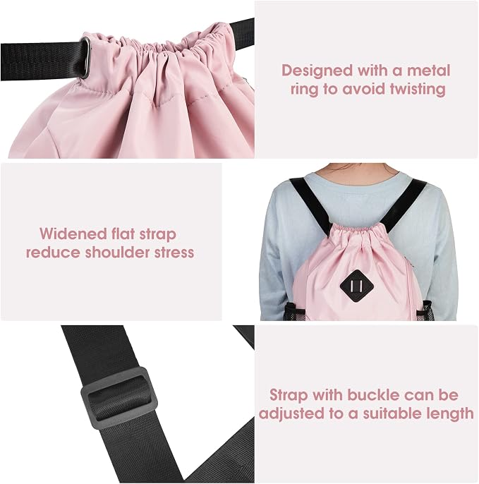 WANDF Drawstring Backpack with Shoe Compartment, Sports Gym Bag | Multi-Pocket Storage, Water-Resistant Fabric, Cinch String Bag