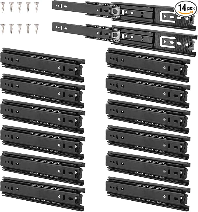 7 Pair 8 Inch Black Soft Close Drawer Slides, Heavy Duty Drawer Slides, Ball Bearing 3 Folds Full Extension, Used in Keyboard Trays, Table Drawers, Shelves, Nightstands, and More, by GENHAKON.