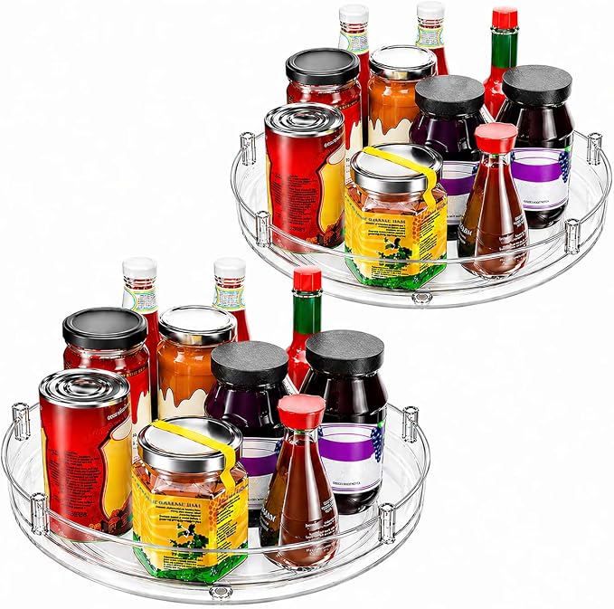 2 Pack Lazy Susan Organizer, Rotating Spice Rack Turntable for Kitchen Cabinet Pantry, Clear Storage Tray for Refrigerator Countertop Bathroom Organizer
