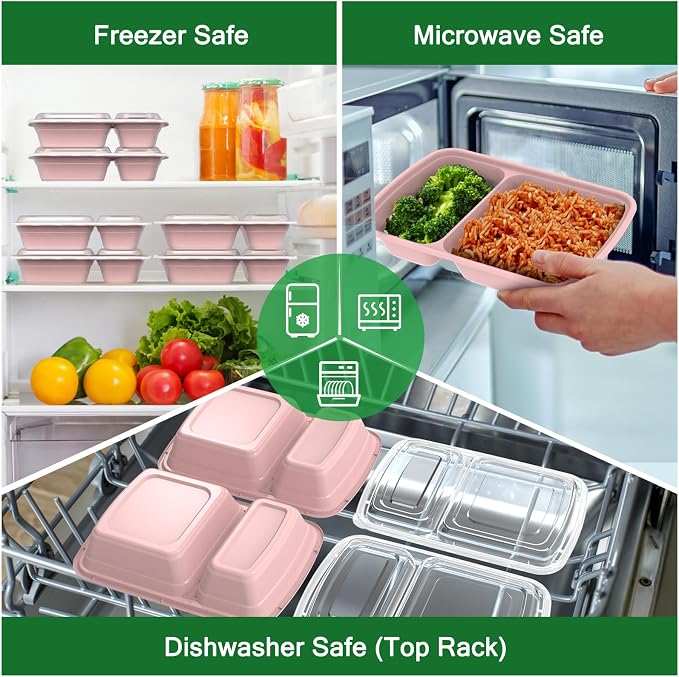 Dealusy 50 Pack (100-Piece) 28 oz Meal Prep Containers Reusable with Lids 2-Compartment, Sturdy Leakproof Food Safe, Microwave Freezer Dishwasher Safe, To Go Take Out Plastic Food Storage, Pink