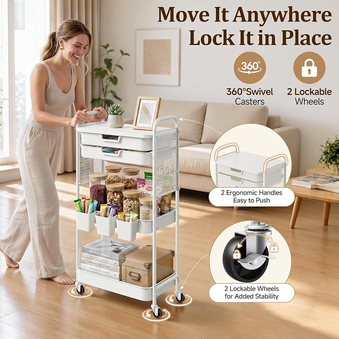 3 Tier Rolling Cart with 2 Drawers, Metal Utility Storage Carts with Wheels | Kitchen Rolling Cart 4.5" Deep Basket, Mesh Side Panel with 3 Cups, 4 Hooks for Office, Bedside, Craft Storage Cart