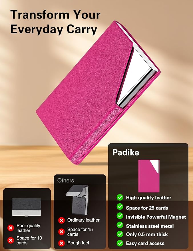 Padike Business Card Holder, Upgraded Leather Business Card Case Pocket Card Holders for Men or Women, Metal Slim Name Card Holder RFID Blocking Business Card Carrier with Magnetic Closure (Rose red)