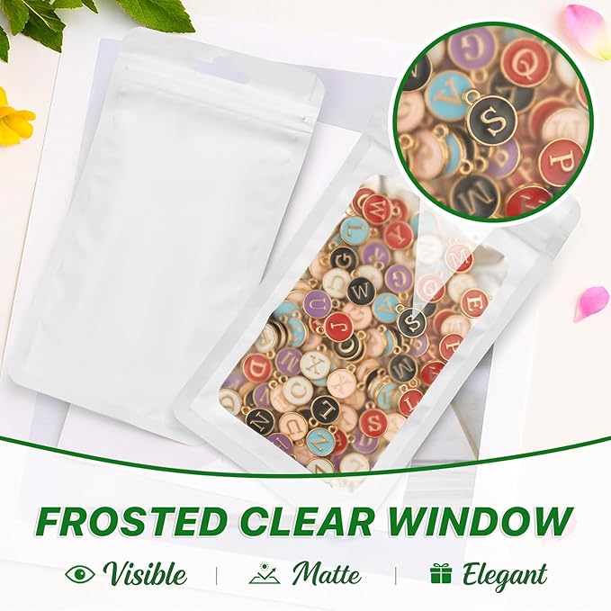 ANZNKU 100 PCS Resealable Mylar Bags with Frosted Clear Window Packaging Bags Foil Pouch Zipper Bag for Food Self Sealing Storage Supplies (5.12x8.27, White)