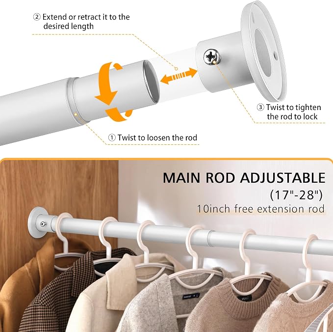Closet Rods For Hanging Clothes, 17-52 Inch Adjustable Closet Rod, Stainless Steel Heavy Duty Closet Hanging Rod-White