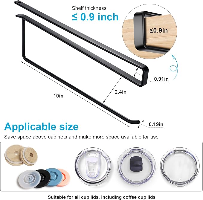 2Pack Tumbler Lid Organizer for Corner Cabinets, Space-Saving Coffee Cup Holder, Water Bottle Accessories Storage, Kitchen Organization, No Adhesive or Drilling Needed up to 24 Lids (Black Round Wire)
