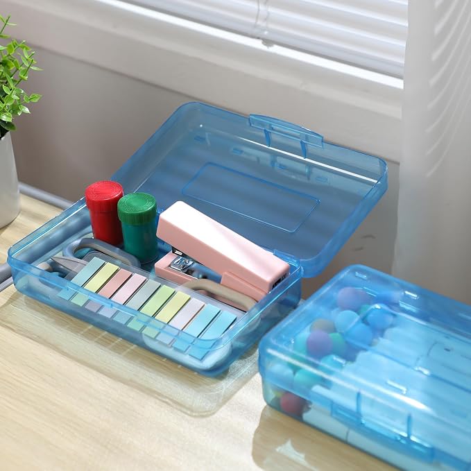 Blulu 6 Pack Large Plastic Pencil Case Box Clear Pencil Boxes Bulk Hard Crayon Box Storage with Snap Lids 8.1 x 4.7 x 2.2 Inch Painting Organizer Classroom Stationery School Supplies (Blue)