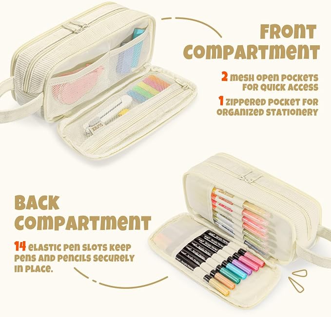 SUNEE Large Capacity Pencil Case with 3 Compartment, Extra Big Pencil Pouch, Pencil Bag with Zipper, Cute Stationery Organizer, Soft Corduroy Pen Box School Supplies for Student Teen Girls Boys, Beige
