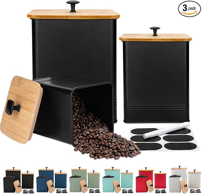 Kitchen Canisters Set of 3, Metal Flour Sugar Storage Containers with Airtight Lids-Canisters Sets for Kitchen with Customizable Chalkboard Labels & Marker Pen-Spice, Coffee Storage Jars(Black)