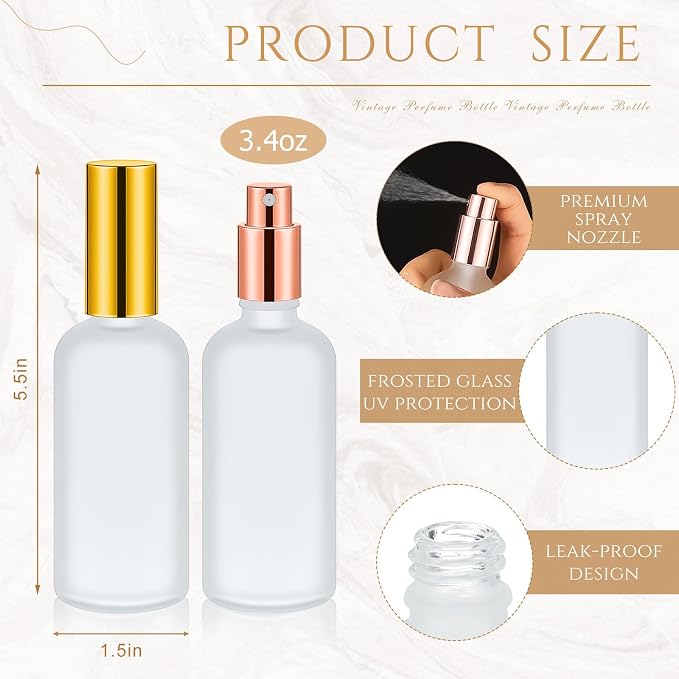 Roshtia 30 Pcs Glass Spray Bottle Clear Empty Bottles Small Refillable Reusable Perfume Bottle with Fine Mist Sprayer Pump for Face Body Travel(3.4 oz,Gold,Silver,Rose Gold)