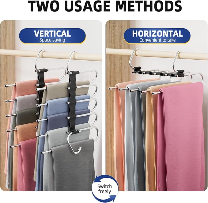 DAMITA Pants Hangers Space Saving - 2 Pack 5 in 1 Layers Stainless Steel Metal Jeans Hangers - Black Closet Organizers and Storage Anti-Slip Design for Pants Skirts Scarf Legging