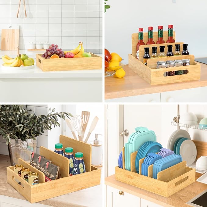 Retro Shaw Lid Organizer for Plastic Lids, with 5 Adjustable Dividers | Bamboo, Kitchen Storage and Organization, Fit For Cabinet and Drawer