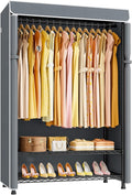 ULIFHOME H5C Plus Clothes Rack with Cover, Portable Closet for Hanging Clothes, Covered Clothing Racks Heavy Duty, Garment Racks with Shelves, Max Load 370LBS, Black Closet Rack with Gray Cover