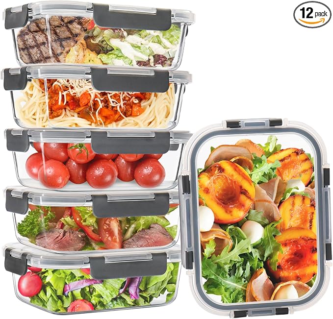 6 Pack, 34oz Glass Meal Prep Containers with Lids, Food Storage Containers | Portion Control, Glass Lunch Containers with Airtight Lids, Microwave, Freezer, Dishwasher Safe