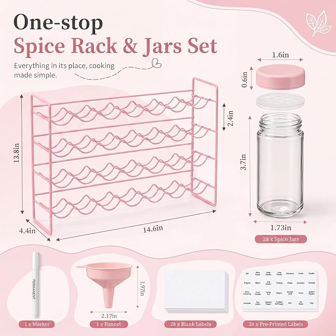 FoldTier Spice Rack Organizer with 28 Spice Glass Jars, 56 Labels, Funnel and Marker Set, Complete Countertop Seasoning Rack Organization for Cabinet, Kitchen Storage, Pantry, Cupboard (Pink)