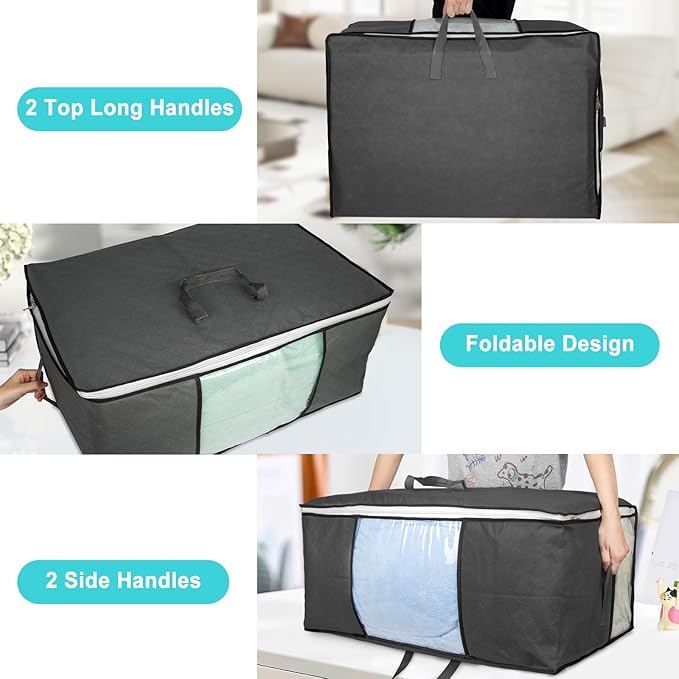 4 Pack 105L Extra Large Comforter Storage Bag, Foldable Bedding Storage Blanket Moving Bags for Clothes Pillows Sweater Dorm, Linen Closet Organizers with 4 Handles & 3 Clear Windows, Black