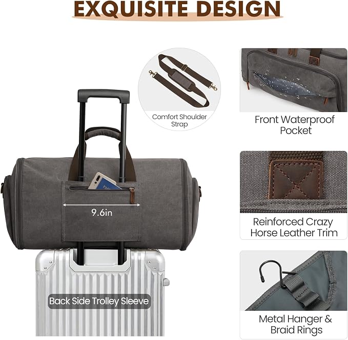S-ZONE Carry On Garment Bag for Travel Convertible Garment Duffle Bag Suit Bags for Men Women Travel 2 in 1 Hanging Suitcase Business Travel Bag with Toiletry Bag, Gery, 50l | 2-in-1 Hanging Suitcase, with Toiletry Bag, Wet/Dry Pockets, Shoe Compartmen...