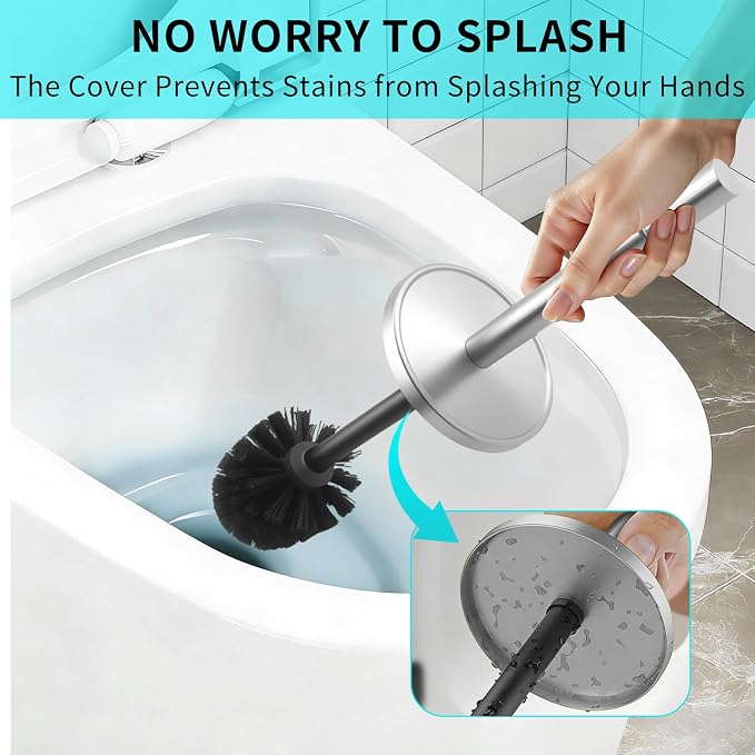 Brushed Nickel Toilet Brush and Holder Set,304 Stainless Steel Toilet Brush for Bathroom with Long Handle, Heavy Duty Toilet Bowl Brush,Removable Inner Bowl and Splash Protection,Deep Cleaning