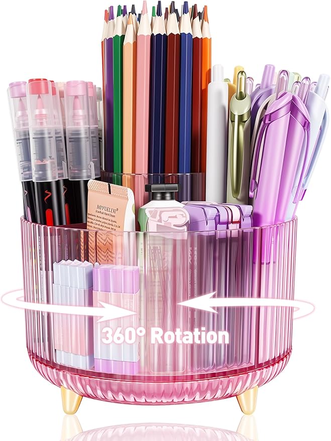 360 Rotating Pen Pencil Holder for Desk, Pen Organizer with 5 Slots, Makeup Brush Holder, Desk Organizer and Accessories, Cute Pencil Cup Caddy for Office School Home Decor Art Supply (Pink)