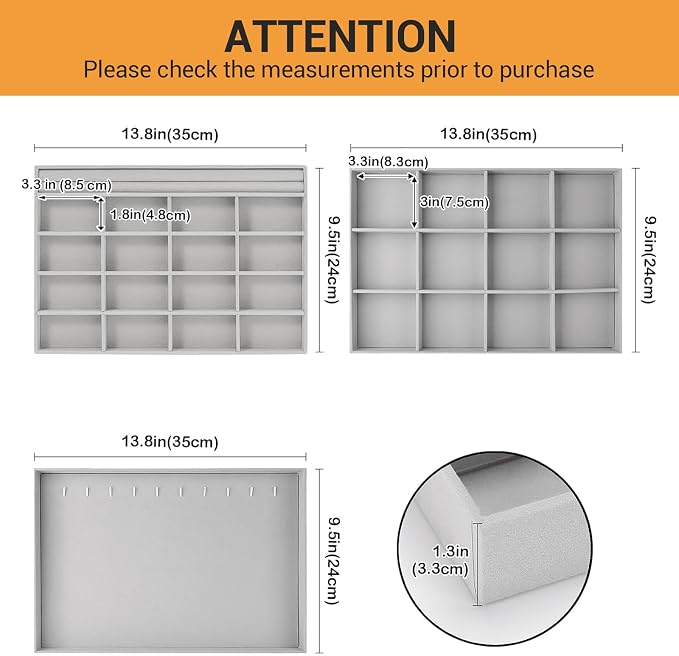 ProCase Stackable Large Jewelry Drawer Organizer, 3 Pack Velvet Jewelry Organizer Tray with Removable Dividers for Earring Necklace Bracelet -Grey