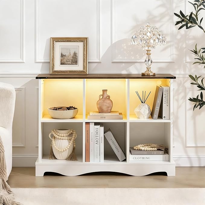 6 Cube Storage Organizer Bookcase, Long Horizontal Wood Bookshelf with Open Compartments, Multi-Purpose Cube Shelf, Hallway TV Stand for Living Room, Bedroom, Entryway, White
