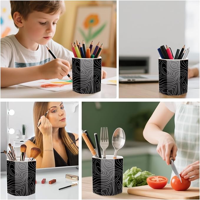 Black Pen Holder, Pencil Cup for Desk, Cute Desk Organizer, Durable Ceramic Decorative Makeup Brush Desktop Accessories, Stylish Stationery for Office, Home, Abstract Pattern