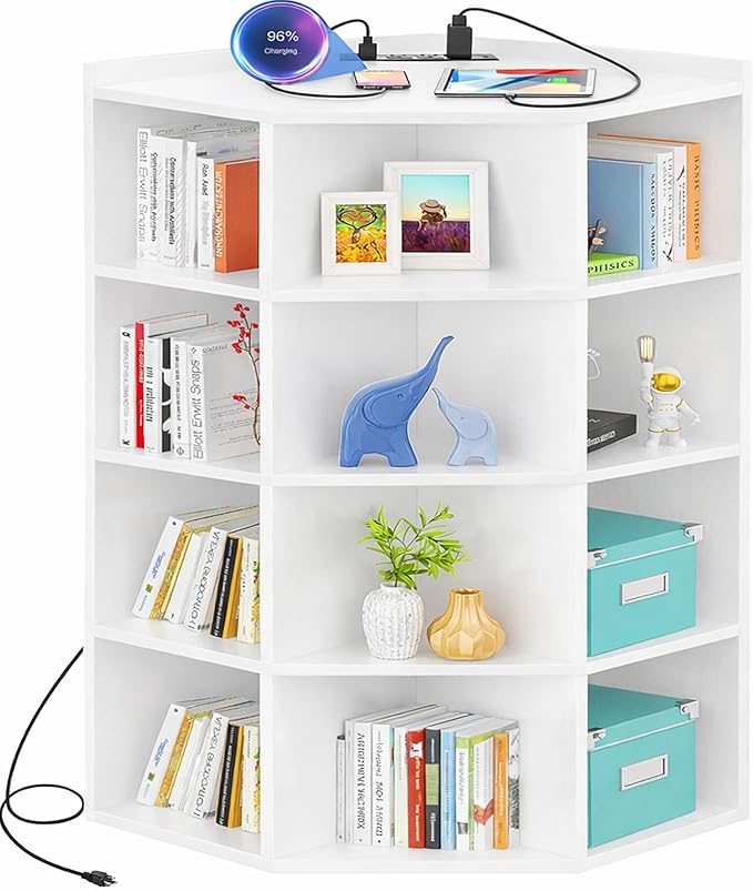 Aheaplus Corner Cube Book Shelf, 5-Tier Corner Cabinet with Power Outlets, Corner Cube Storage Shelf with Top Table, Wooden L Shaped Cubby Bookcase for Home Office, Bedroom, Living Room, White