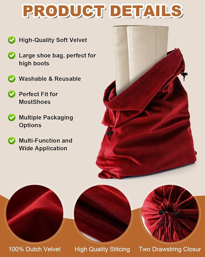 4 Pcs Shoe Bags for Travel, Large Boot Bag, Rio Red, 21.2x13.3 Inch | Washable & Reusable Travel Shoe Bags, Dustproof Shoe Bags with Drawstring Closure, Suitable for Travel, Home Storage