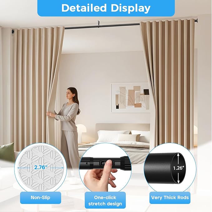 AIZESI 41-86 Inch Heavy Duty Tension Curtain Rod - No Drilling, Adjustable, Rust-Resistant for Outdoor, Living Room, Window, Bathroom (Black, 41" to 86"|2PACK)