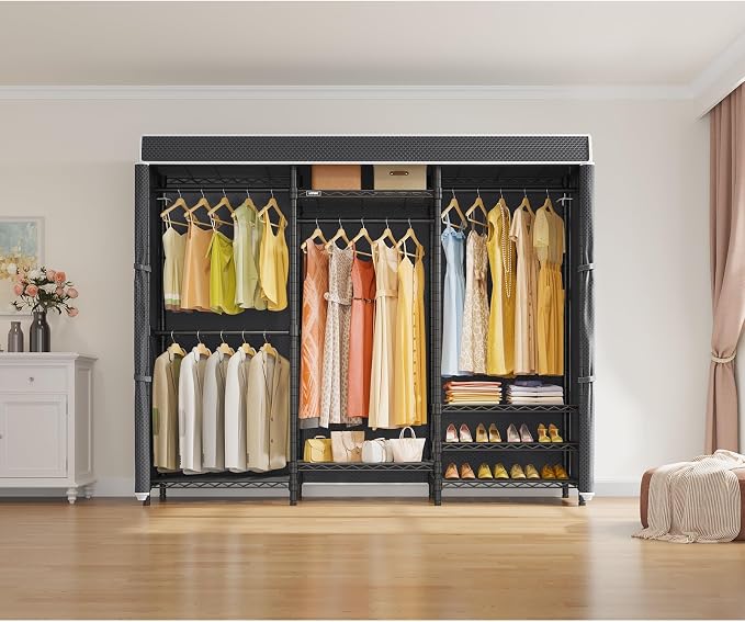VIPEK V5C Heavy Duty Covered Clothes Rack Portable Closet Rack, Black Metal Clothing Rack with Black Upgarded Polyester Cover, Adjustable Custom Freestanding Closet Wardrobe, Max Load 800LBS