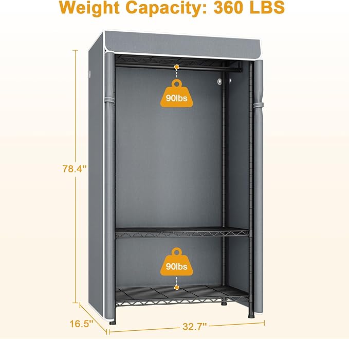 ULIFHOME H5C Clothes Rack with Cover, Portable Closet for Hanging Clothes, Covered Clothing Racks Heavy Duty, Garment Racks with Shelves, Max Load 360LBS, Black Closet Rack with Gray Cover