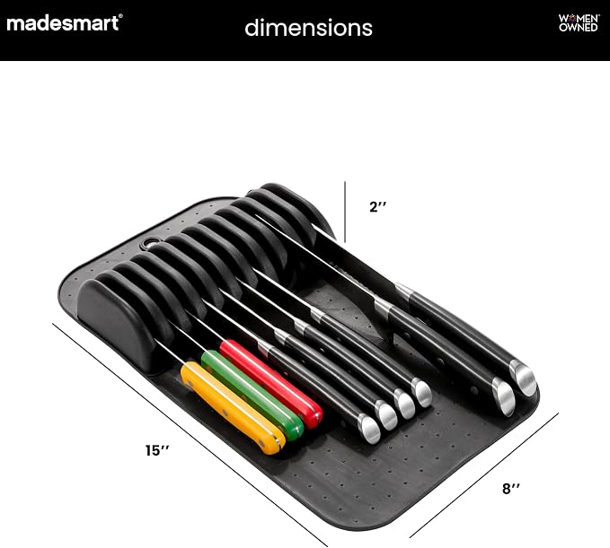 madesmart Classic Knife Mat for 11 Knives with Soft Grip Base, Carbon