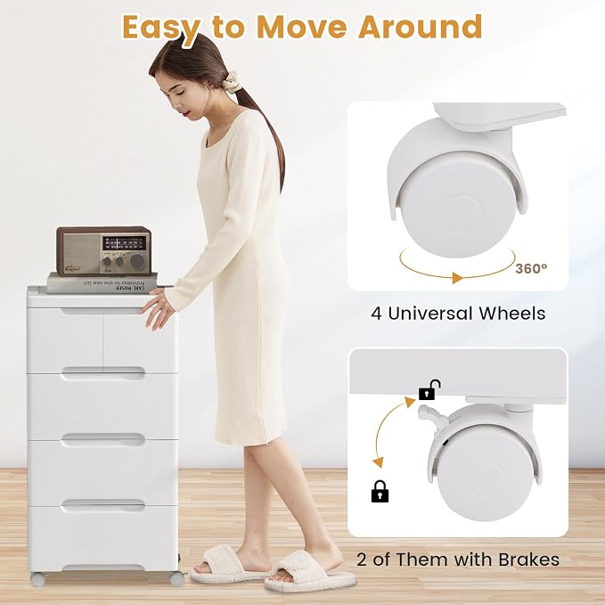 LOKO 5-Drawer Plastic Rolling Storage Cart (16"x13"x31") | Mobile Storage Cabinet | Vertical Storage Tower Container Unit | 4 Universal Wheels | For Living Room, Home Office