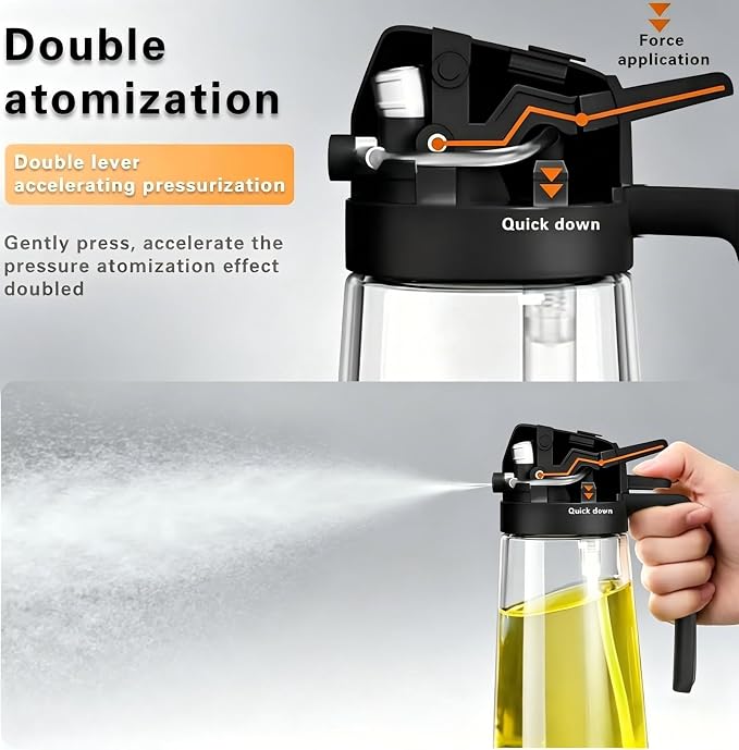 2 in 1 Olive Oil Spray Bottle, 470ml/16oz Glass Oil Sprayer for Home and Kitchen, Olive Oil Dispenser Bottle for Air Fryer, Salad, BBQ (Black)