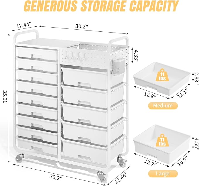 Rolling Storage Cart with 14 Drawers, Storage Organizer Cart with Tabletop and Pegboard,Utility Cart for Living Room, Classroom, Bedroom,Bathroom,Dorm,Office (White)