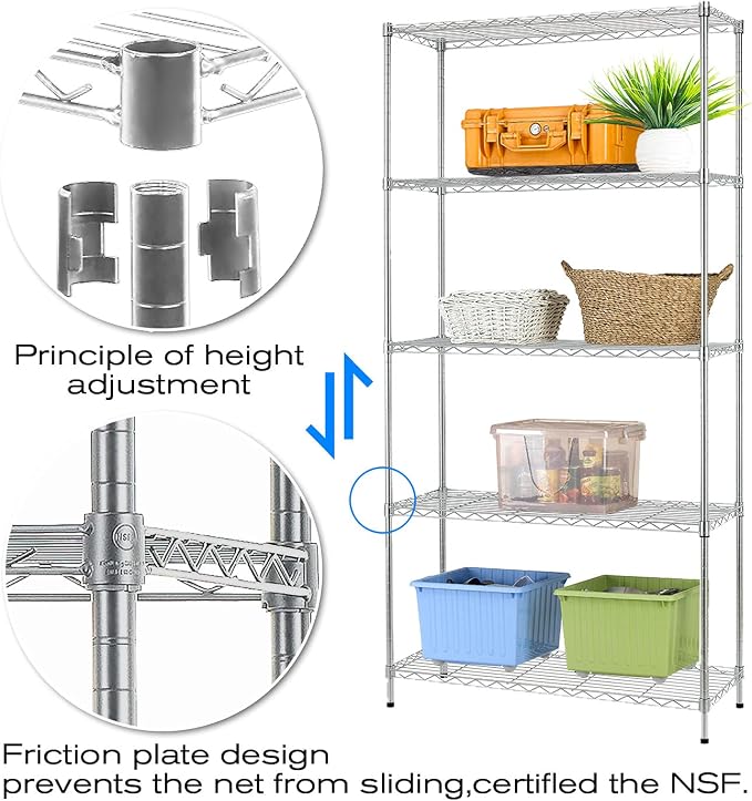 HCY Heavy Duty 5-Tier Storage Shelf - Adjustable Metal Rack for Laundry, Bathroom, Kitchen, Garage & Pantry Organization - 14"x36"x72" (Chrome)