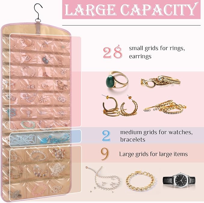 2 Pack Hanging Jewelry Organizer Storage with 39 Pockets, 30 Necklace Hooks Double Sided Wall Mount Earring Holder Organizer Bracelet Necklace Jewelry Display Hanger for Closet Door(Pink)