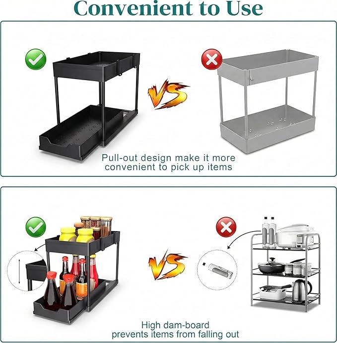 2-Tier Multi-Purpose Pull-Out Home Organizer – Under-Sink & Cabinet Sliding Storage for Kitchen & Bathroom – Durable, Space-Saving Design – Black (1-Pack)