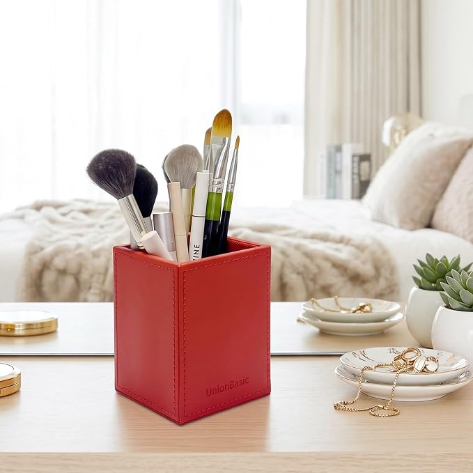 UnionBasic Square Pen Holder, Leather Pencil Cup, Desktop Caddy Stationery Organizer, Red