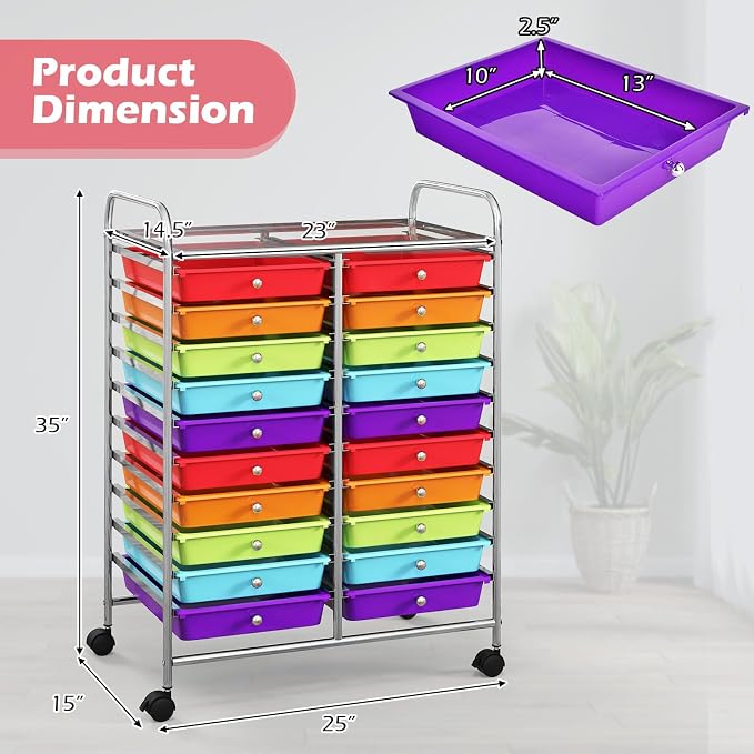 LDAILY 20-Drawer Rolling Storage Cart, Rolling Storage Cart, Storage Organizer on Wheels, Metal Frame, Scrapbook Paper Tools, Suitable for Office School, Classroom (Multicolor, 20 Drawer)