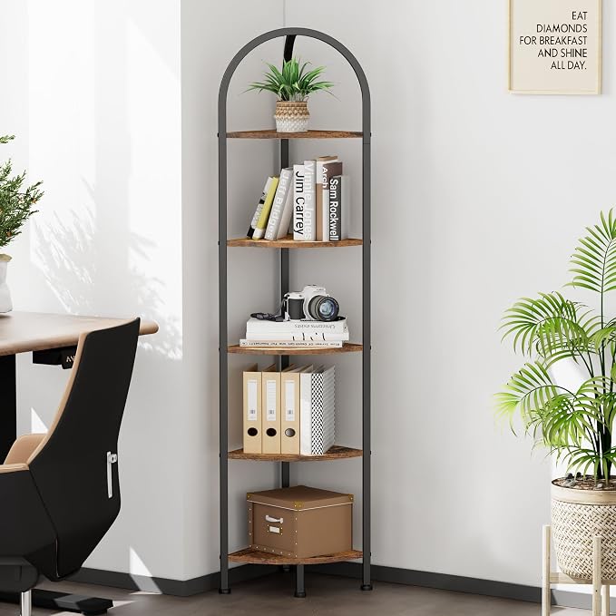 Homhedy 5-Tier Arched Corner Shelf Stand, Wall Corner Bookshelf | Metal Frame, Plant Stand, Industrial Storage Rack Shelf for Living Room, Bedroom, Office, Bathroom, Rustic Brown