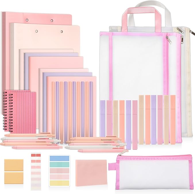 Colarr 54 Pcs Cute Notebook Stationery Set for Women, Bible Study Supplies, 6 Lined Notebooks, 36 Pens, Sticky Notes & Tabs, Bags & Folders for Work Journal Study College Office Supply(Pink)