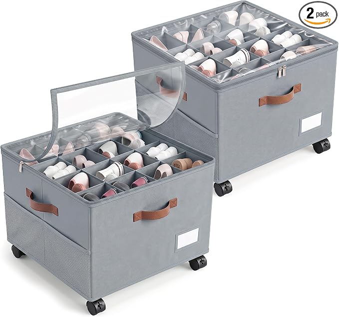 Shoe Organizer for Closet with Wheels - 2 Pack Shoe Storage Box Bin Cubes | Detachable Wheels | Fits 32 Pairs | Adjustable Dividers | Side Pockets | Clear Cover | Foldable | Stackable | Label Holder