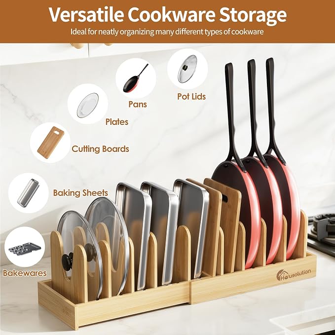 Housolution Bamboo Pot and Pan Organizer for Cabinet, 15"-29" Expandable Pot Lid Organizer with 10 Adjustable Dividers, Pan Holder Storage Rack with Solid Bamboo Wooden Base, 2 Pack