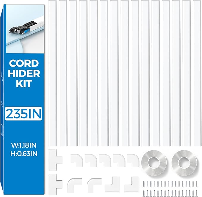 Yecaye 235in Wall Cord Hider for 3-4 Cords, On-Wall Cord Cover Channel, Long Cable Concealer, Cable Cover Cords Management for Home Office, W1.18in H0.63in, White