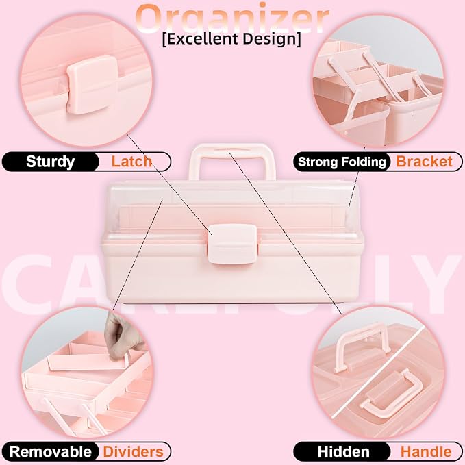 TERGOO 12.5in 3-Layer Multipurpose Craft Organizers and Storage with Adjustable Dividers, Portable Tackle Box, Folding Art & Craft Case for Medicine, Tool, Sewing Organizer (Pink)