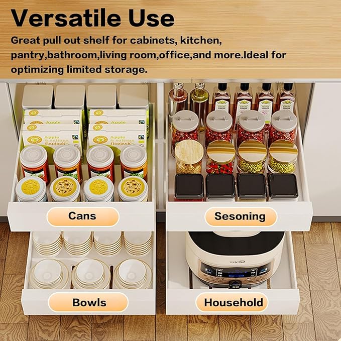 bealy 21'' Deep Cabinet Organizer Adhesive, 10'' Wide Pull Out Cabinet Organizer for Face Frame or Frameless Cabinets, Roll Out Shelves for Kitchen Cabinets, Pantry Shelves, Bathroom, 2 Pack